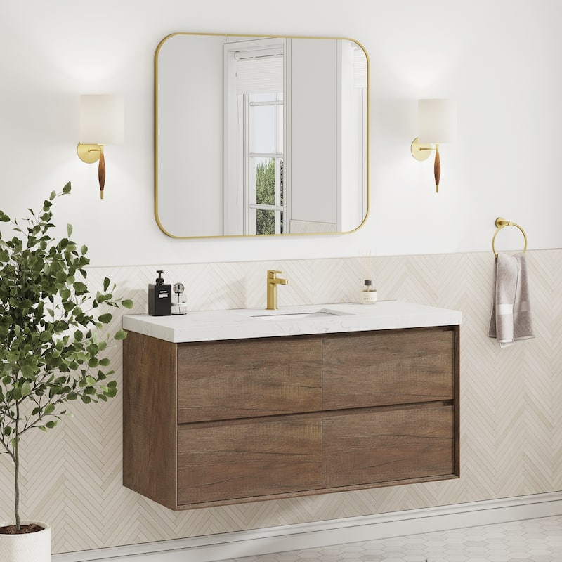 Sylphar 48 inch Bathroom Vanity with Sink, Floating Oak Cabinet with Stone Top