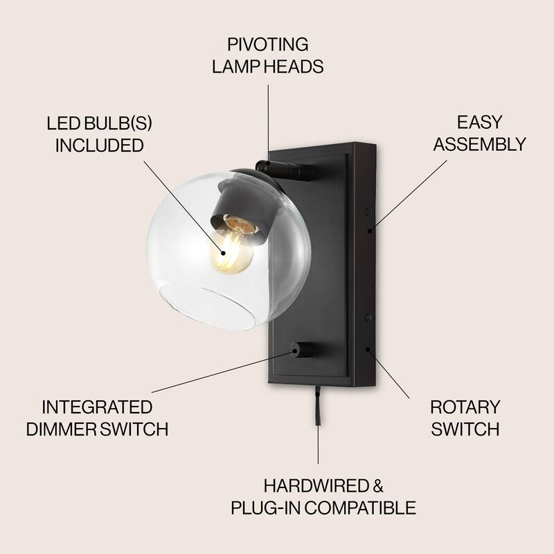 Thatcher 6" 1-Light Minimalist Modern Plug-In or Hardwired Adjustable Iron LED Wall Sconce with Rotary Dimmer, by JONATHAN Y