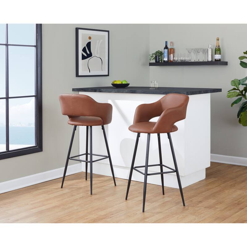 Porch & Den Vallen 30" Fixed-Height Faux Leather Counter Stool with Metal Legs & Square Footrest (Set of 2)