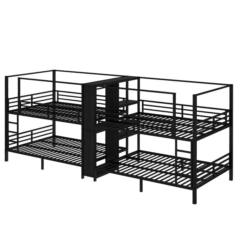 Queen Size Quadruple Metal Bunk Bed with Built-in Storage Shelves & Wardrobe, Sturdy Frame, Black