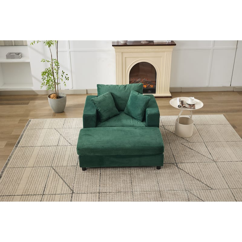 Chaise Lounge Chair with Removable Ottoman, Modern Accent Armchair Corduroy Sleeper Sofa Chair with Pillows for Living Room