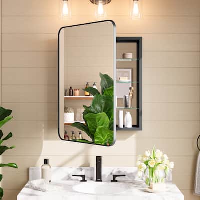 24x32 in Black Framed Mirrored Medicine Cabinet, Recessed/Surface Mount, Adjustable Tempered Shelves, Fully Assembled