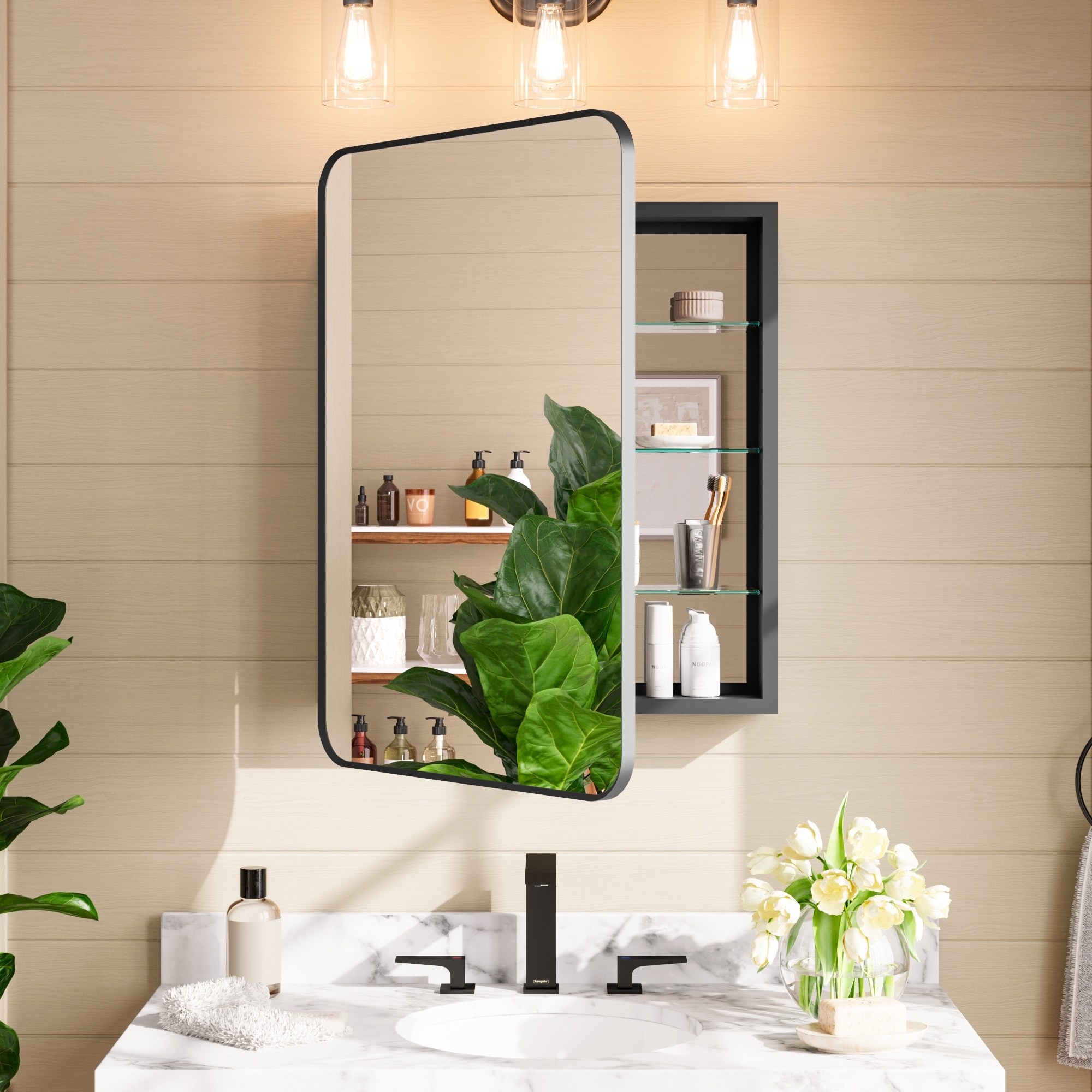 24x32 in Black Framed Mirrored Medicine Cabinet, Recessed/Surface Mount, Adjustable Tempered Shelves, Fully Assembled