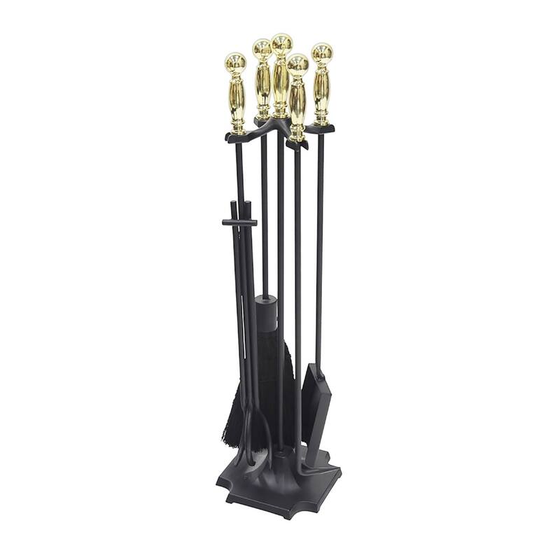 Achla Designs Carlisle Fireplace Set of 4 Tools, 30.5 Inch Tall, Antique Brass and Black - Polished Brass and Black