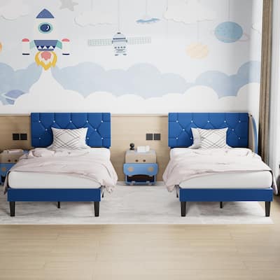 VECELO Upholstered Kids Bed Frame with Diamond Tufted Headoard,Twin Size Bed Set of 2