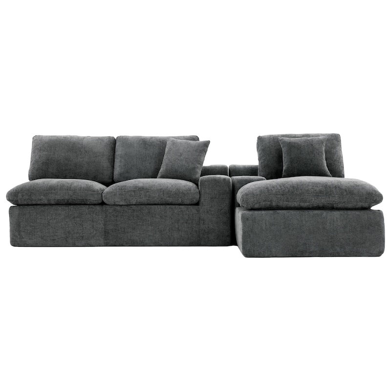 107.9" Grey Upholstered Sectional Sofa, Double-layer Cushions, Side Pockets & Throws, Free-combined for Living Room