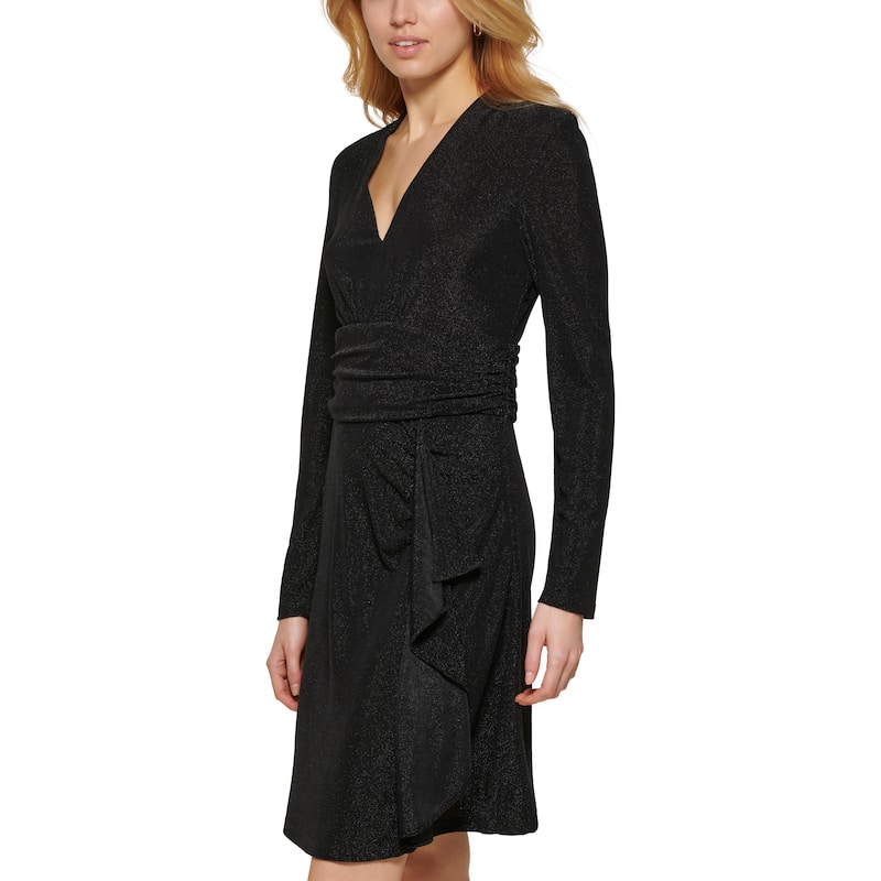 DKNY Sparkle Faux Wrap Knit Dress - Black - XS