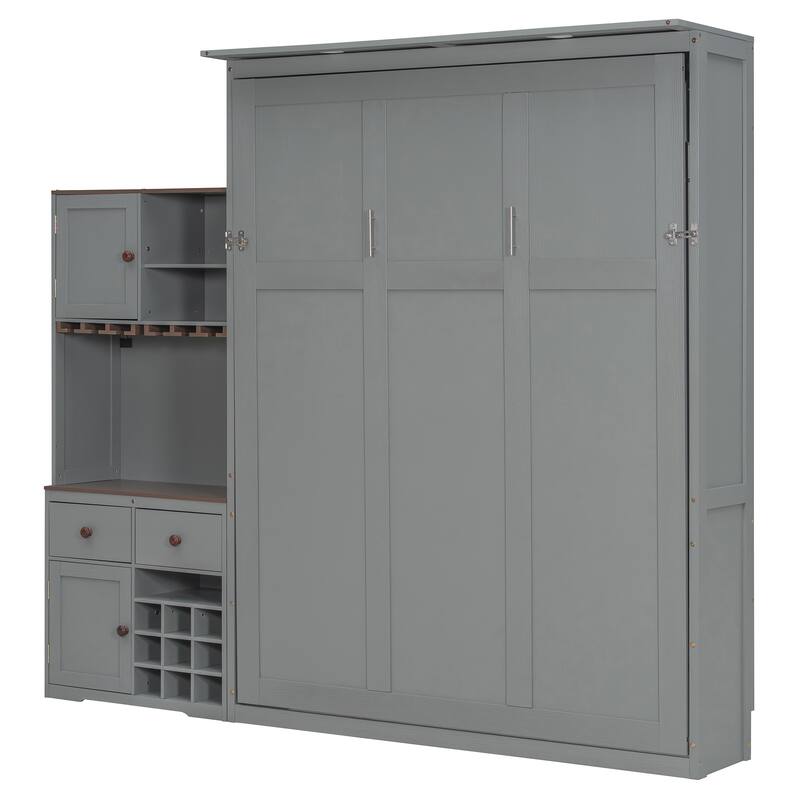 Queen Size Murphy Bed with Storage, Wine Rack, LED Lighting, and Drawers, Gray