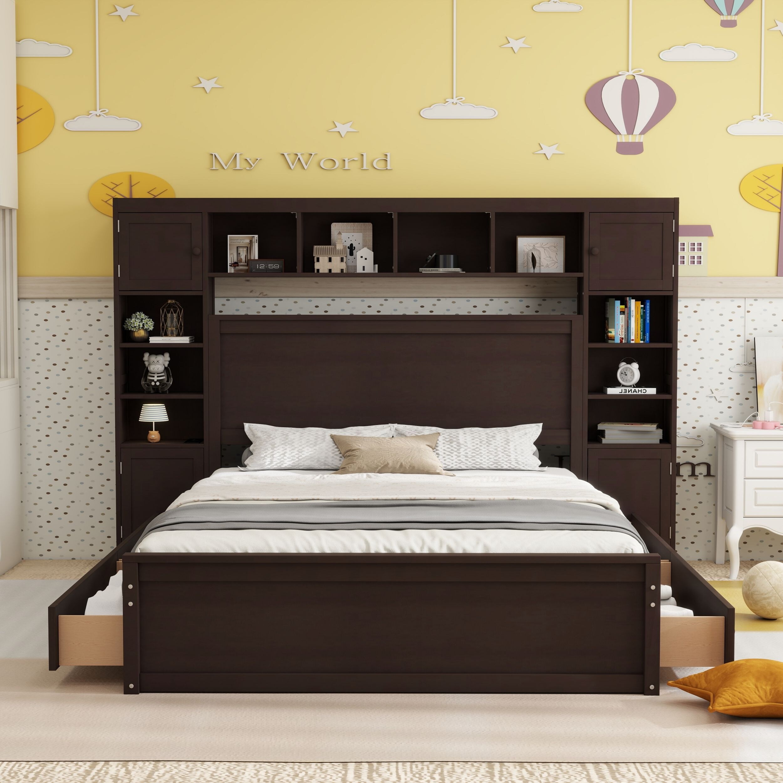 Modern Platform Bed with Integrated Cabinet, Trundle Bed and Drawers