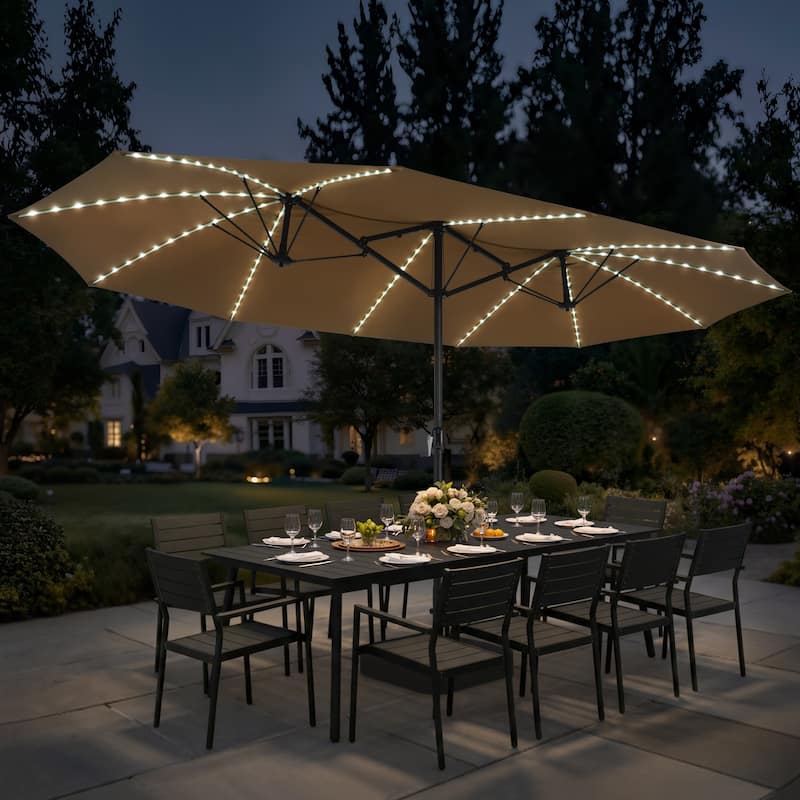 Crestlive Products 15ft Rectangular Double-sided Outdoor Market Umbrella Solar LED Lighted Patio Umbrella - Tan
