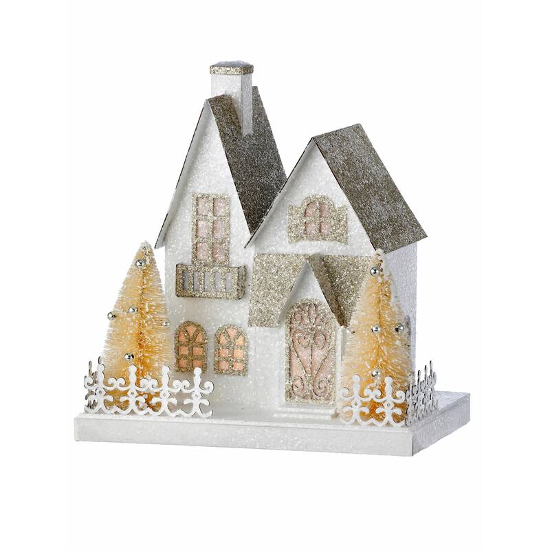 9" Led Battery Operated Timer Cardboard Snowy Lane House