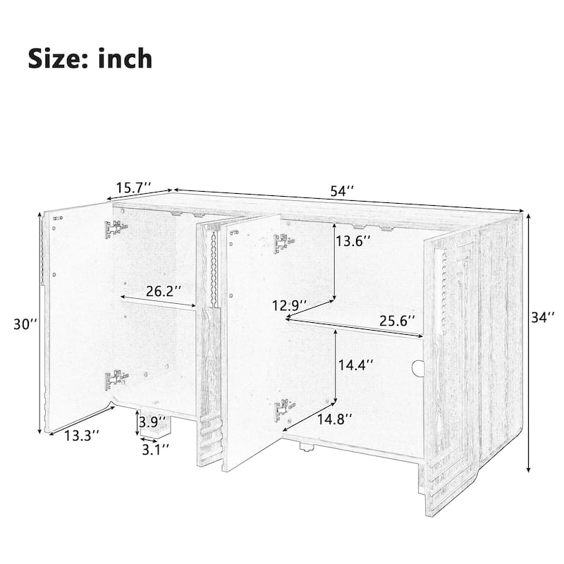 54" Retro Vintage Storage Buffet Cabinet with Adjustable Shelves