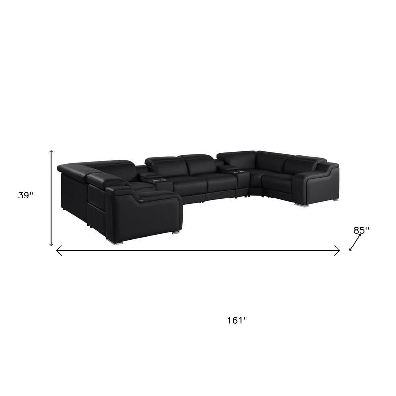 HomeRoots Black Italian Leather Power Reclining U Shaped Eight Piece Corner Sectional With Console