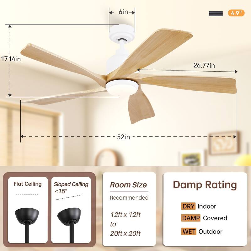 52 inch Solid Wood Ceiling Fan with Light,Quiet DC Motor,Reversible Airflow,for Living Room,Bedrom ,Farmhouse,Patio - 52 Inches