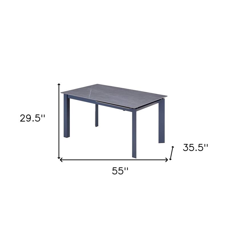 HomeRoots 55" Gray Ceramic and Metal Self-Storing Leaf Extendable Dining Table - 55.00 in. x 29.50 in. x 35.50 in.