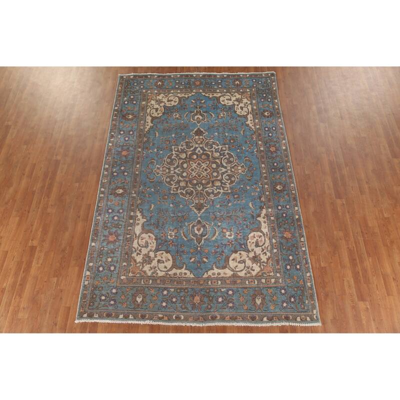 Over-Dyed Blue Tabriz Persian Vintage Rug Hand-Knotted Wool Carpet - 6'6"x 10'0"