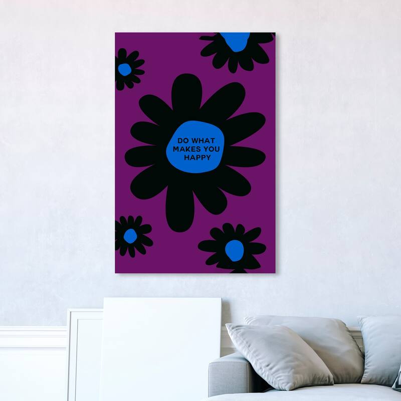 Wynwood Studio Canvas Typography and Quotes Floral Happiness Green and Pastel Green Modern & Contemporary Wall Art Canvas Print - 45 x 30