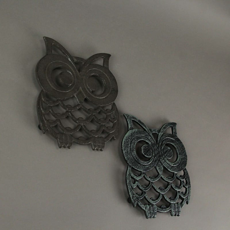 Brown & Verdigris Green Cast Iron Owl Kitchen Trivets(Set Of 2) - 0.5 X 7.75 X 6.5 inches