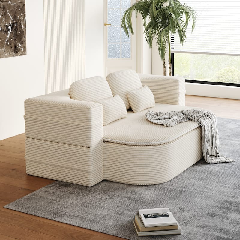 GDFStudio - Lysander Corduroy Foldable Sleeper Sofa Bed with Multi Functional Blanket - Beige