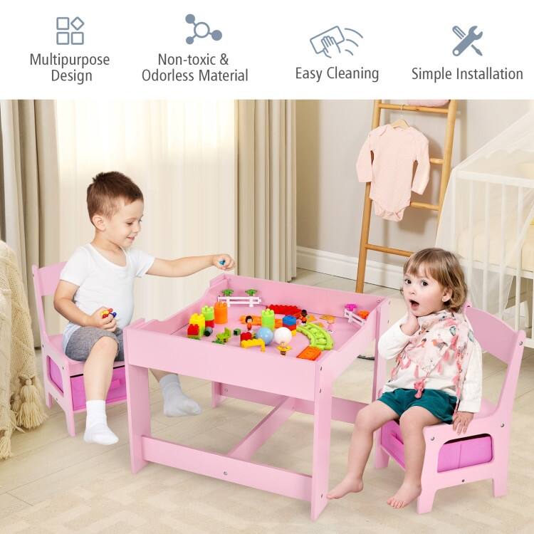 Kids Table Chairs Set With Storage Boxes Blackboard Whiteboard Drawing - 24.5" x 24.5" x 19"
