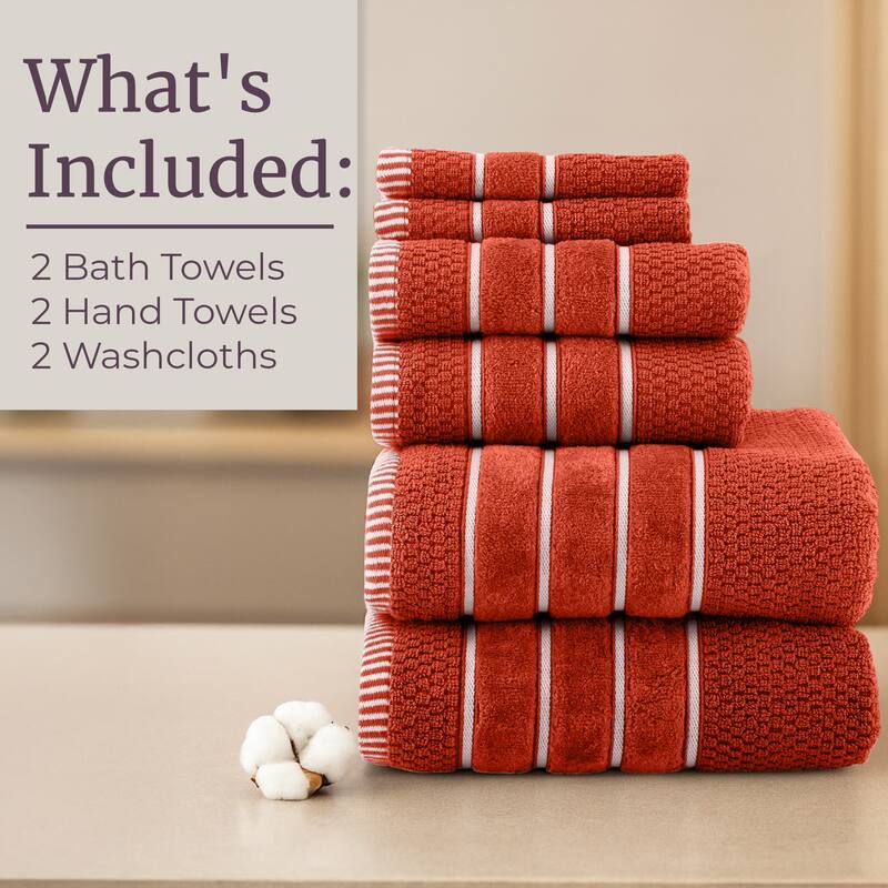 6-Piece Towel Set - Combed Cotton Rice Weave Bathroom Accessories by Lavish Home (Brick)