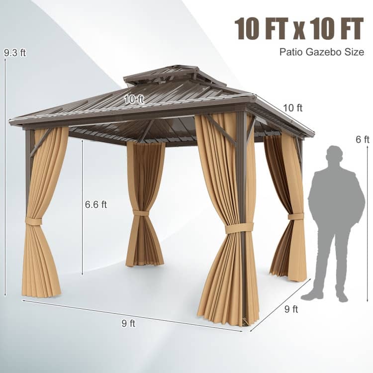 Coffee Galvanized Metal Aluminum Outdoor Gazebo with Mesh and Curtains