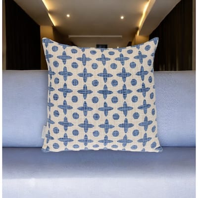 HomeRoots 18" Beige and Blue Geometric Cotton Throw Pillow