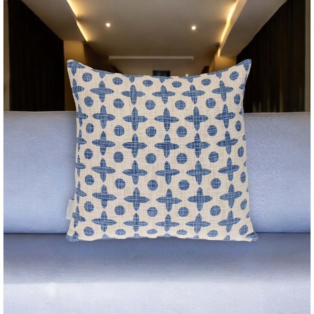 HomeRoots 18" Beige and Blue Geometric Cotton Throw Pillow