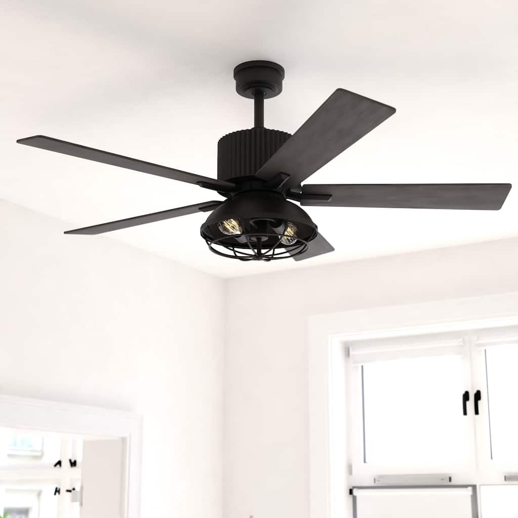 Elkhart 52 in. Black Ceiling Fan with Reversible Driftwood-Walnut Blades, Dimmable LED Light Kit and Remote, Metal Cage Shade