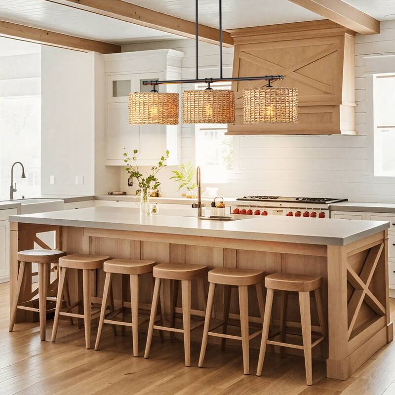 3-Light Modern Farmhouse Black Linear Drum Handwoven Rattan Pendant Light for Kitchen Island