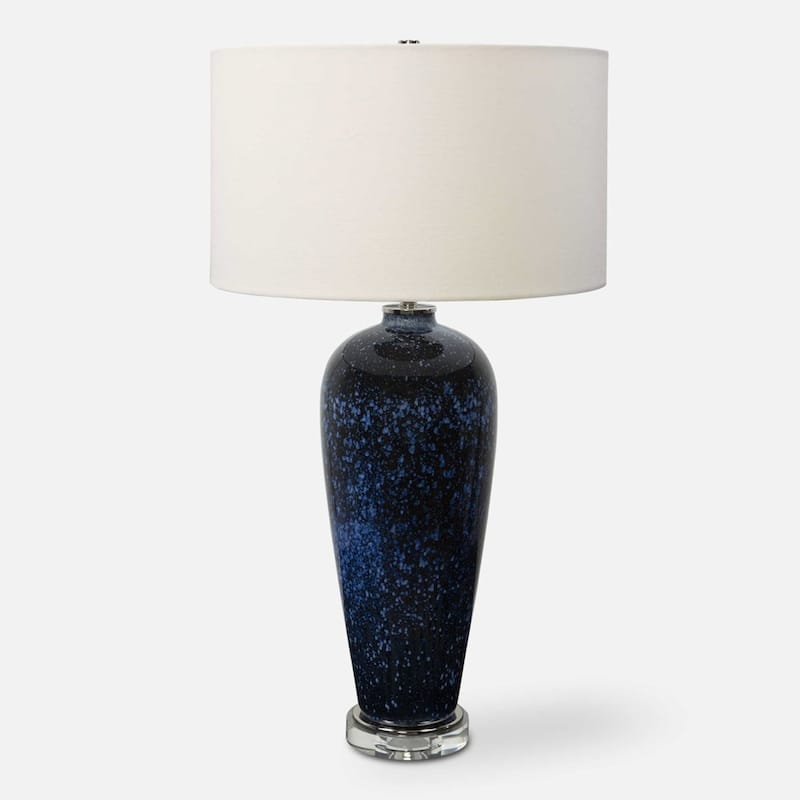 Art Glass Base Table Lamp with White Drum Shade - 31'' - Blue