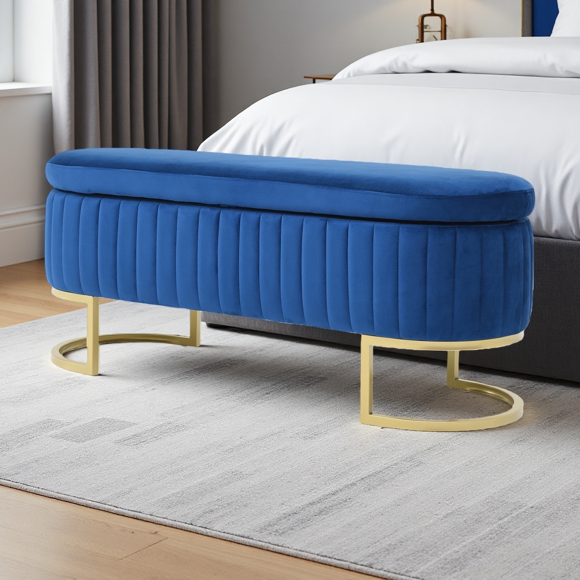 48.4"L Velvet Oval Upholstered Storage Bench with Metal Legs, End of Bed Ottoman for Bedroom, Living Room, with Hidden Storage