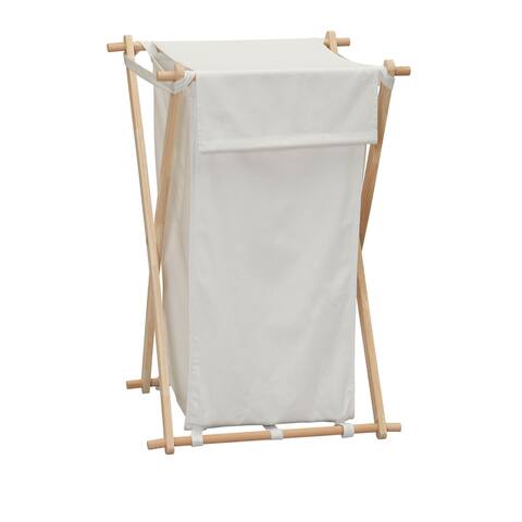 Household Essentials Folding X-Frame Wood Laundry Hamper with Washable Poly-Cotton Bag, White