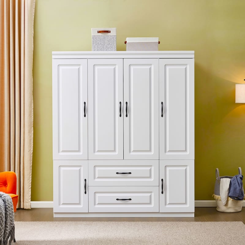 4 Door Armoire Wardrobe Closet with Drawer and Hanging Rod, Wooden Black Bedroom Armoire Closet, 70.87" H x 61.42" W x 20.47" D