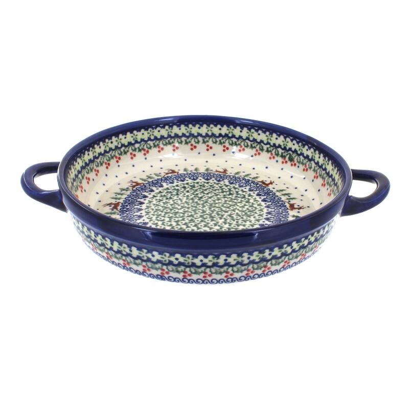 Blue Rose Polish Pottery 152 Vena Small Round Baker with Handles - Reindeer Delight