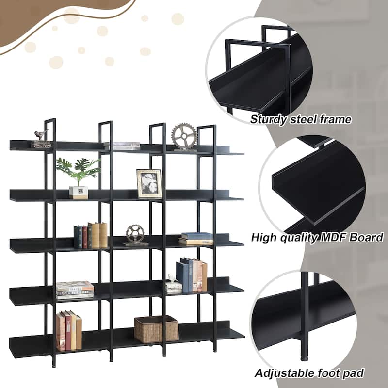 Roomfitters 5-Tier Bookcase for Home Office, Open Bookshelf with MDF Board and Black Metal Frame, Vintage Style