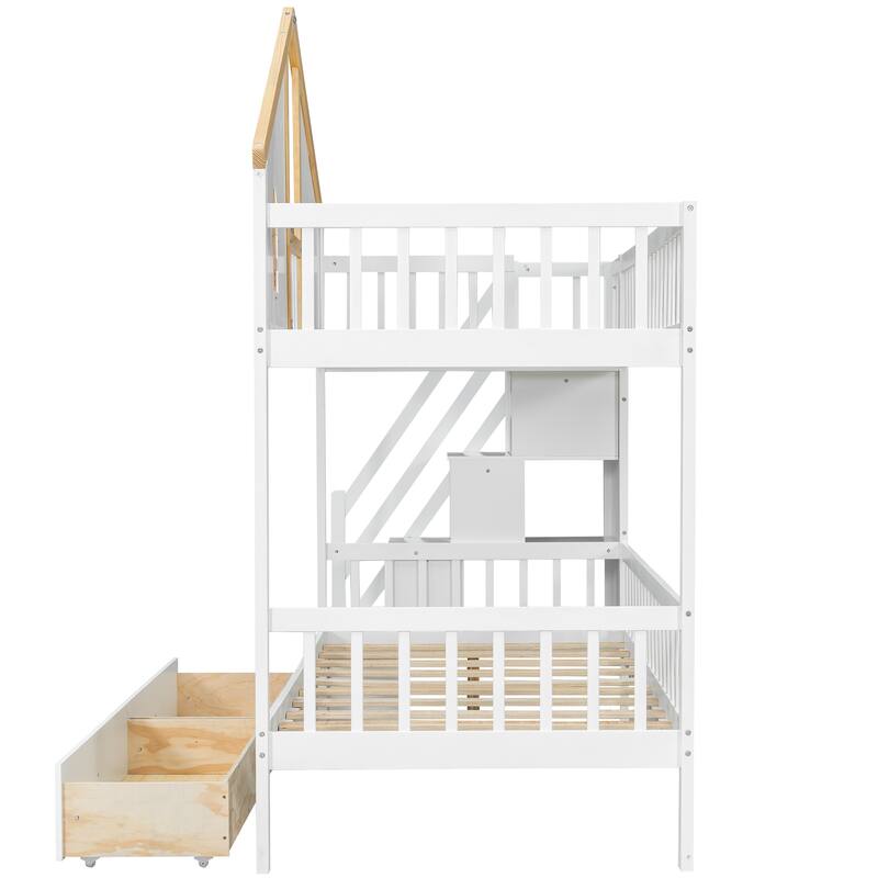 Fairytale Bunk Bed with Window Door House-shaped Roof Frame and Storage Staircase, Optional with Storage Drawers or Trundle Bed