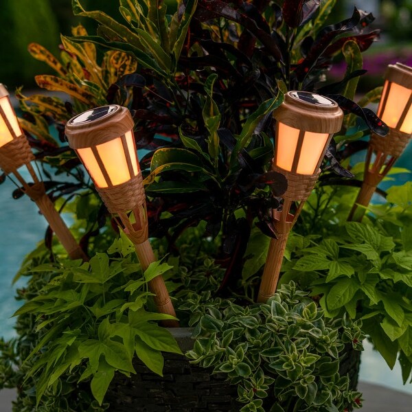 Solar LED Bamboo Flickering Flame Tiki Torch Lights - Bed Bath