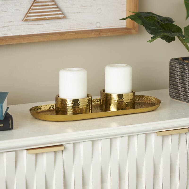 Stainless Steel Metal Hammered Decorative Candle Holder with Oval Tray Plate - Silver or Gold - Roche River Decor