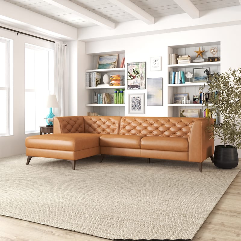 Florentina Modern Chesterfield Tufted Living Room Top Leather Corner Sectional Sofa in Cognac Tan