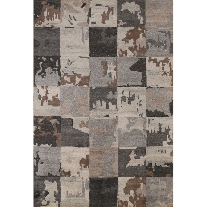 Grey Abstract Indian Area Rug Modern Hand-Tufted Wool Carpet - 5'3" x 7'7"