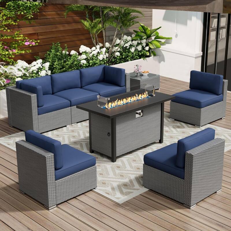 7-piece Outdoor Patio Grey Wicker Rattan Cushioned Sectional Sofa Conversation Set