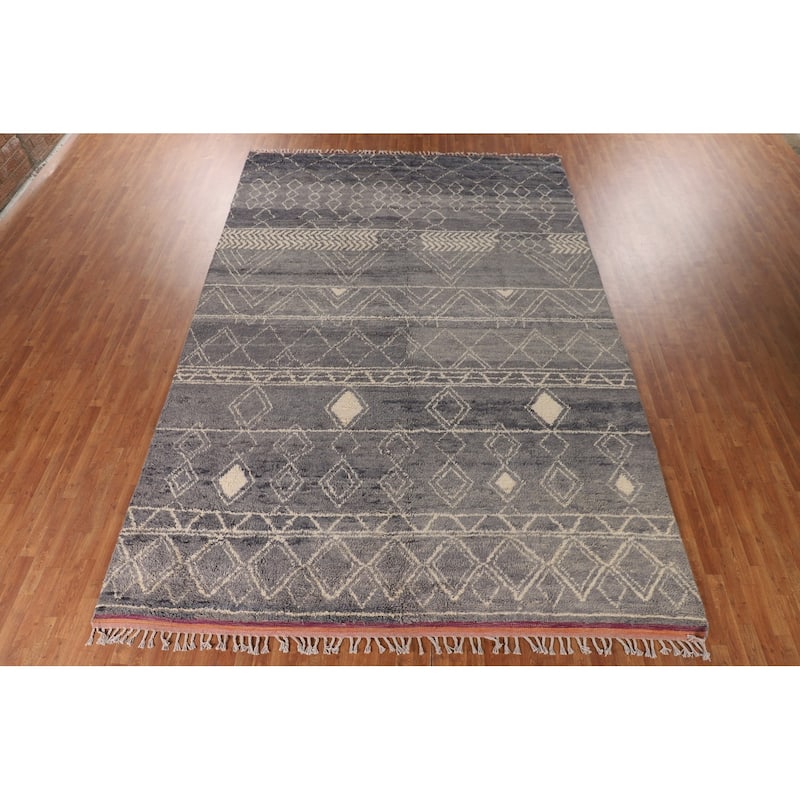 Grey Trellis Moroccan Style Large Rug Hand-Knotted Wool Carpet - 9'11" x 14'7"