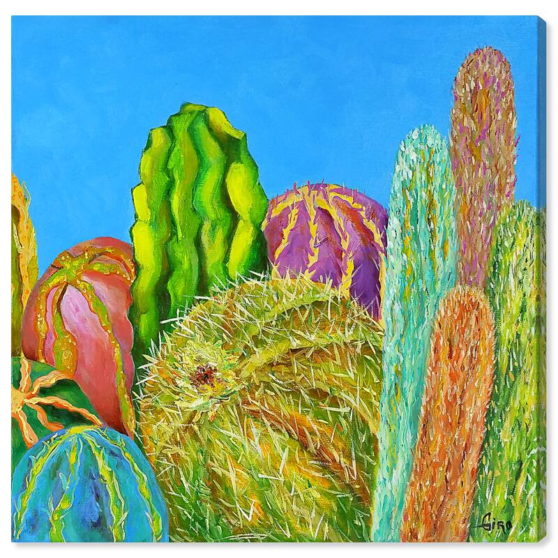 Wynwood Studio Canvas Floral and Botanical Vivian Fache - Giro-Cactus II Right Blue and Tropical Wall Art Canvas Print
