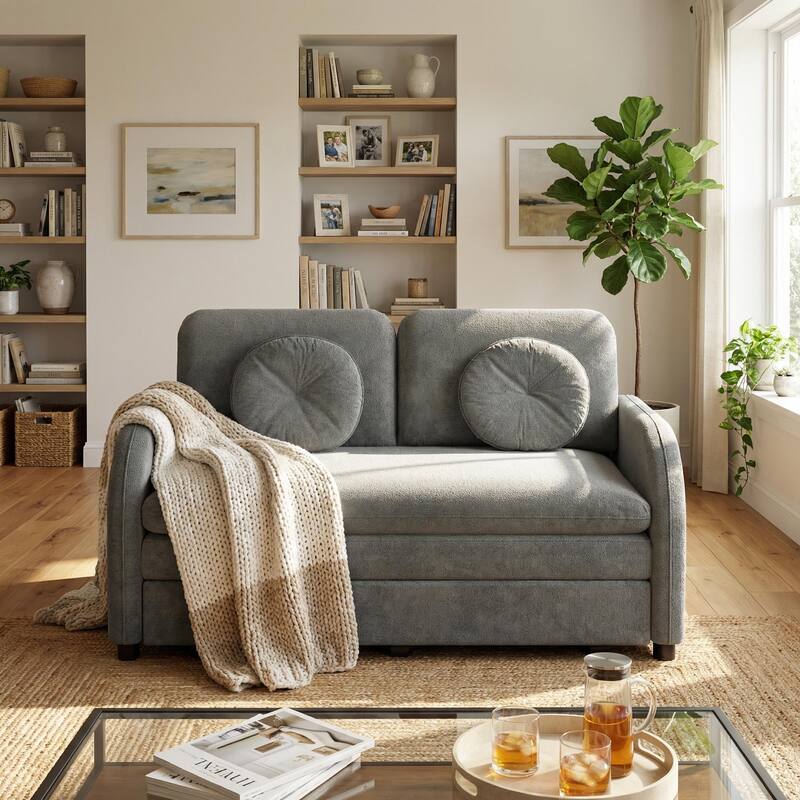 Homy Casa 3-in-1 Convertible Sleeper Sofa Bed, Pull-Out Couch w/ USB, Side Pocket & 4 Pillows, Chenille, 2/3/4-Seat