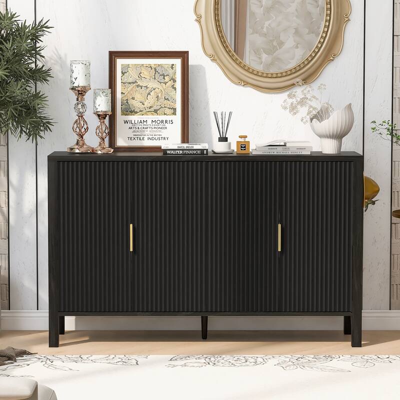 Storage Cabinet with Vertical Stripe Doors & Adjustable Shelves, Sideboard Cabinet with Door Racks & Side Hooks - Black