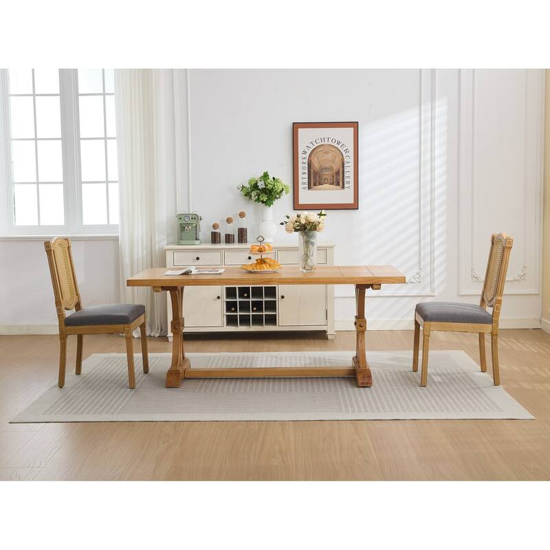 2-Piece Solid Wood Rattan-Back Dining Chair Set with Linen Cushion