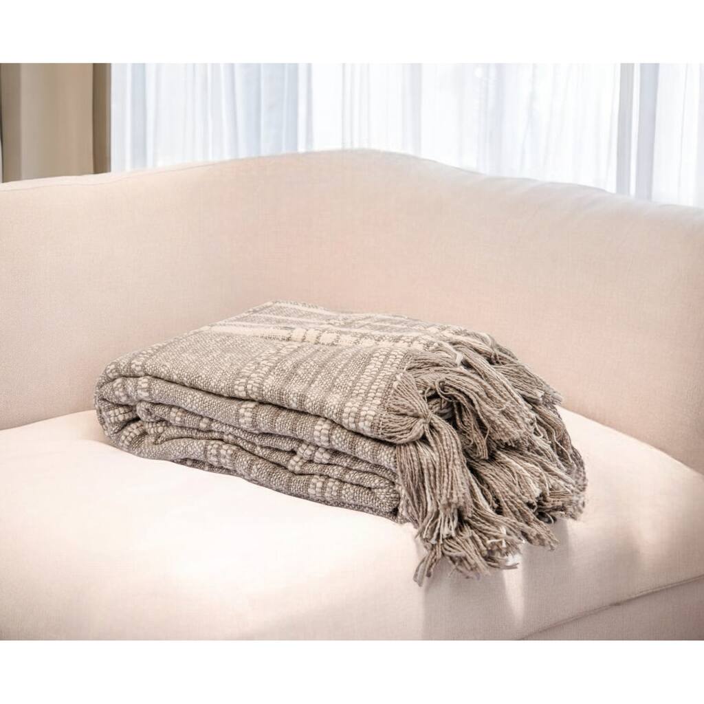 HomeRoots 67" X 71" Gray and Ivory Cotton Woven Geometric Throw Blanket with Fringe