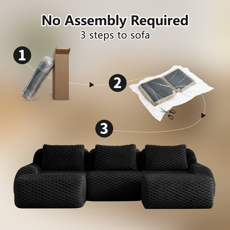 Roomfitters 114 Inch Modular Sectional Sofa, Oversized Flannelette 3-Seater, Black