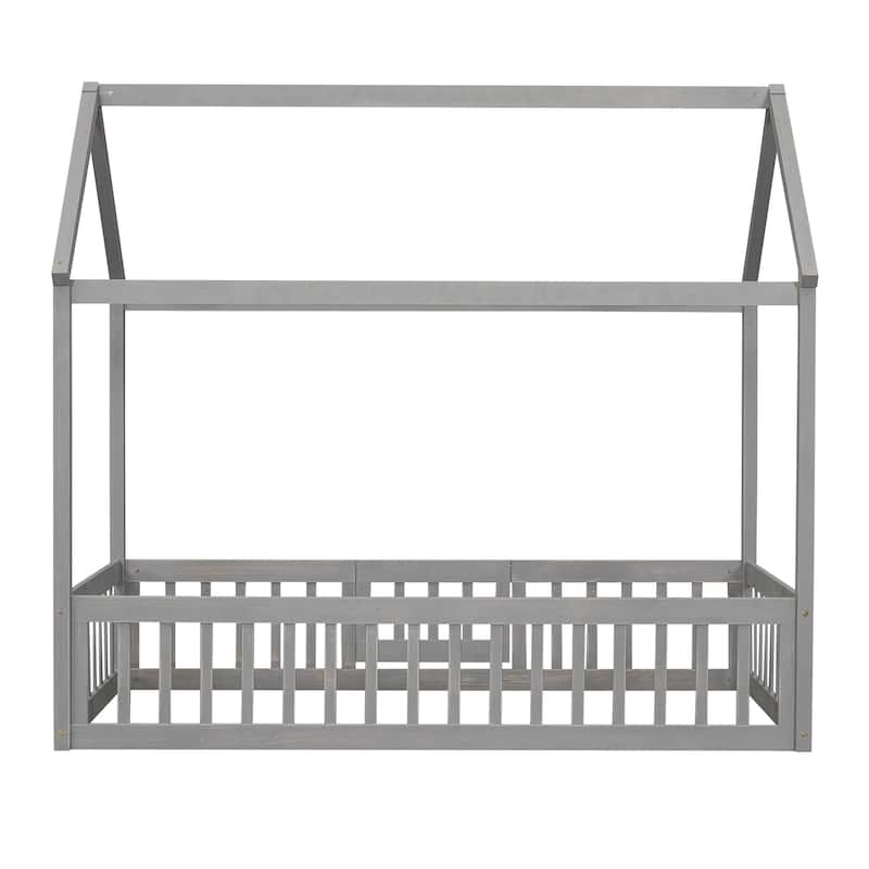 Gray Pine Wood House Bed with Fence, Door, and Solid Construction
